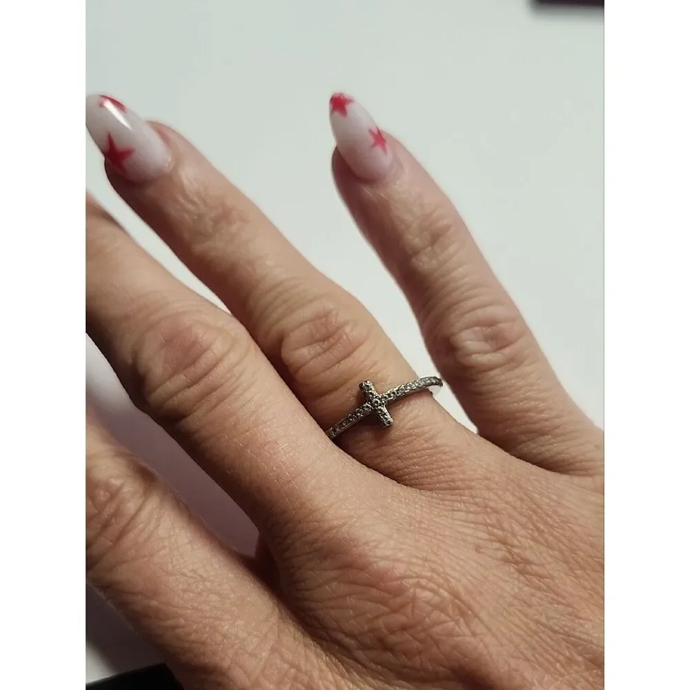 Sterling Silver Cross Pavé Ring Size 5.75